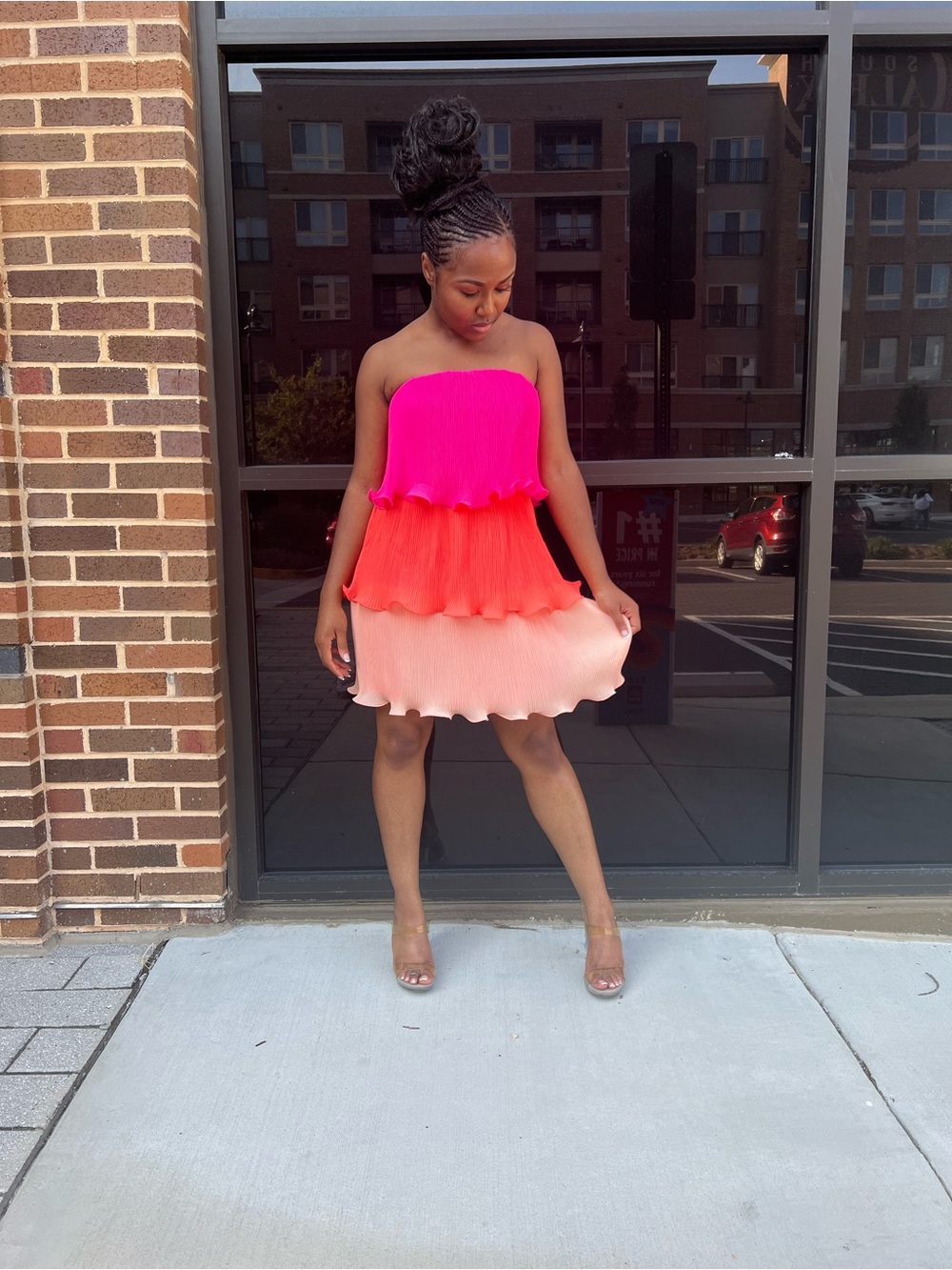 Women's Ombre Strapless Tiered Dress in Pink to Coral